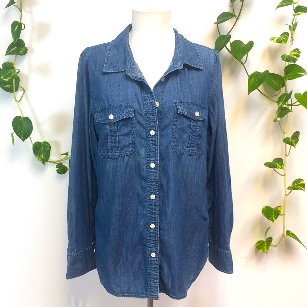 Talbots Cotton Denim Jean Shirt Blouse Button Down Western Boho Long Sleeve